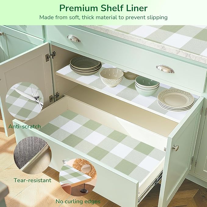 Practical Gingham Green Shelf Liner, Non-Adhesive Drawer Liner Non-Slip Cabinet - Image 7
