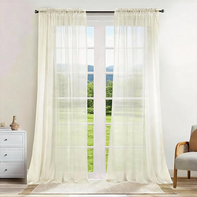 Dreaming Casa Solid Sheer Curtains 96 Inches Long Ivory Rod Pocket Voile by DreamingCasa