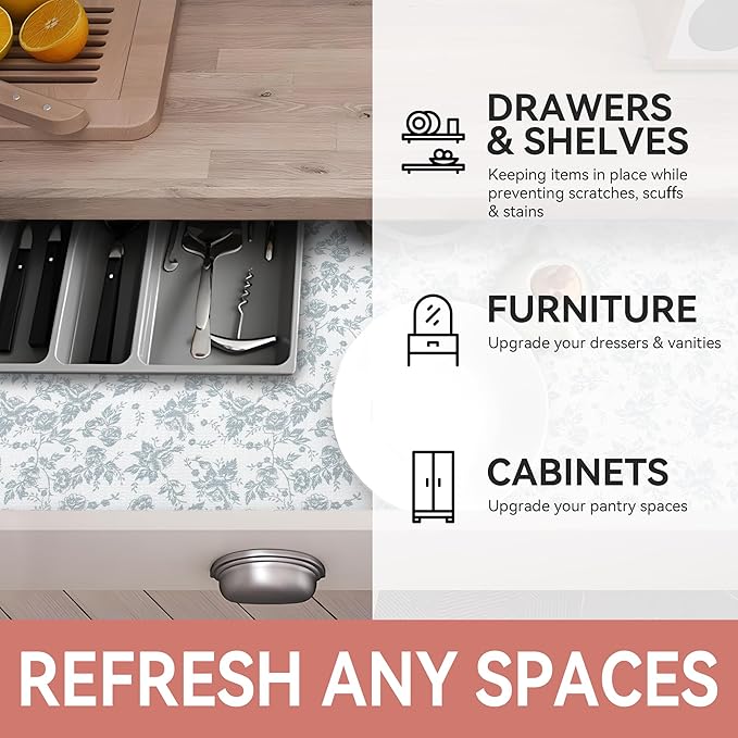 RAY STAR Shelf Liner, Non Adhesive Silver Floral Kitchen Cabinet Liner - Image 6