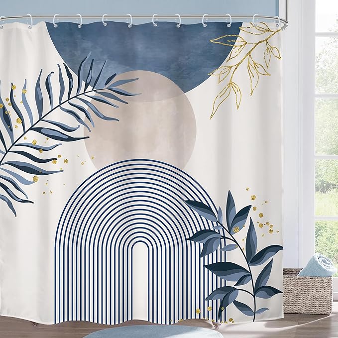 Blue Boho Shower Curtain 72Wx72H Modern Bohemian Abstract Leaves Plant by MitpokBrand