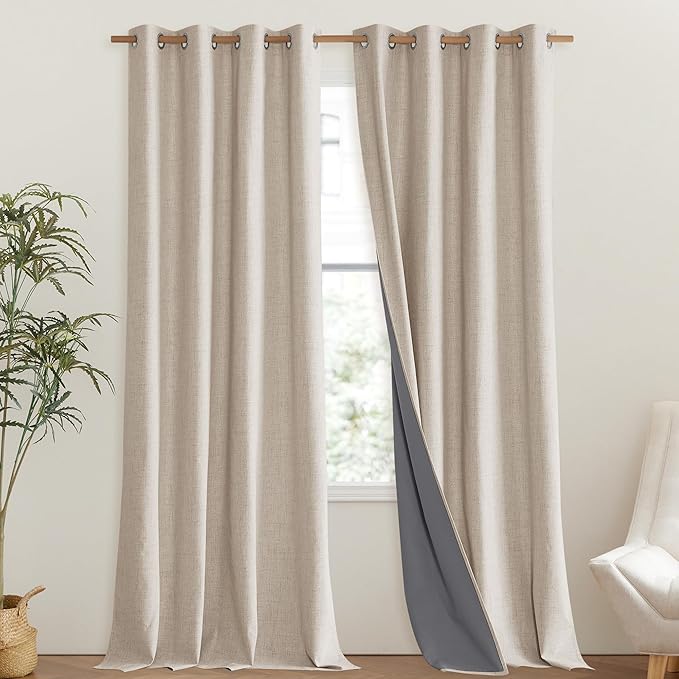 NICETOWN Cream 100% Blackout Linen Curtains 102 inch Long Burg - Image 2