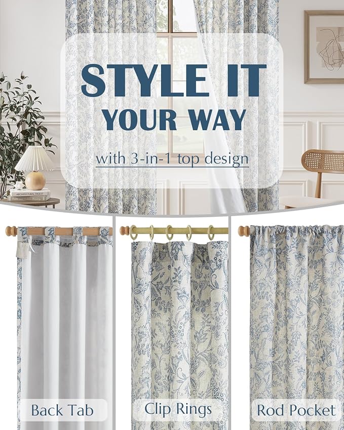 Vangao Lined Linen Curtains for Bedroom Floral Curtains 63 Inches Long Blue - Image 6