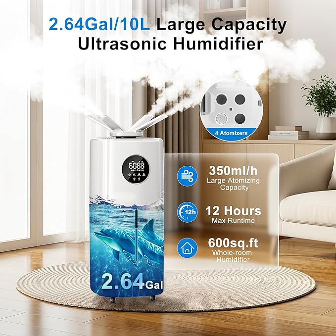 Uthfy 2.64Gal/10L Humidifier for Large Room, Dual 360° Nozzles Ultrasonic - Image 2