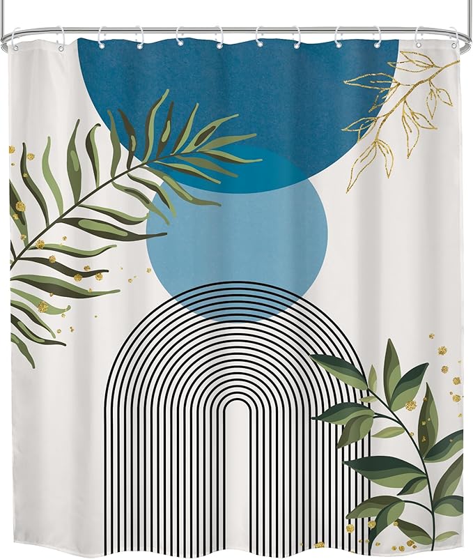 Blue Boho Modern Shower Curtain Mid Century Abstract Gold Green Leaves Sun Arch - Image 8