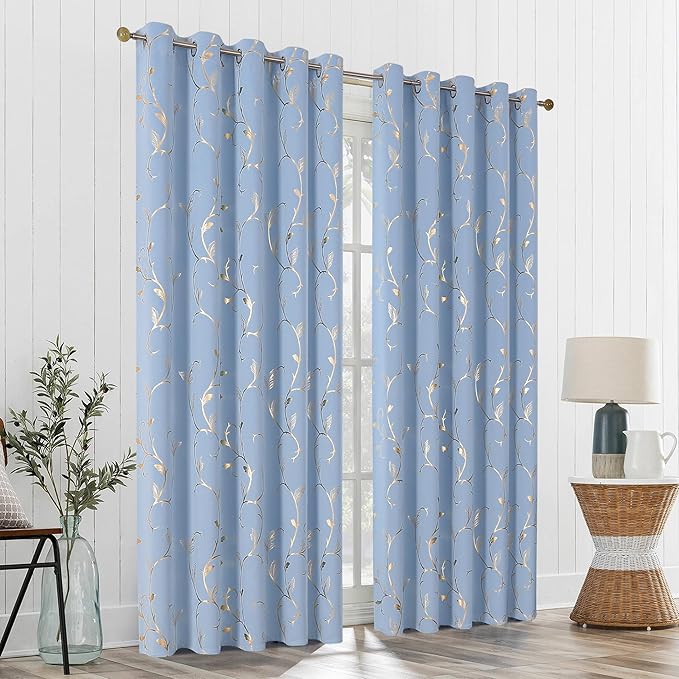 BUHUA Blackout Curtains Gold Foil Print Flower Vine Grommet Drapes, Room - Image 7