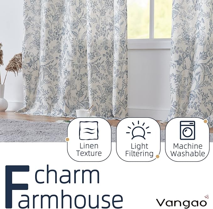 Vangao Blue Floral Linen Curtains - Image 3