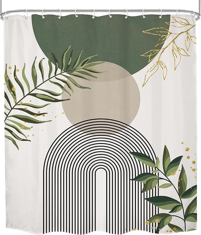 Green Boho Shower Curtain Extra Long Modern Abstract Bohemian Green Gold - Image 8