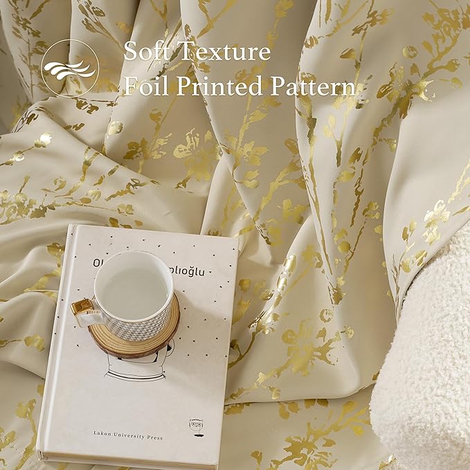 NICETOWN Gold Silver Printed 100% Blackout Floral Curtains - Image 3