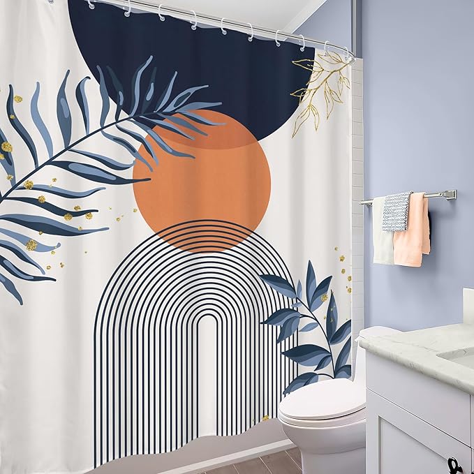 Navy Blue Boho Shower Curtain 60Wx72H Modern Abstract Bohemian Blue Gold Leaves - Image 4