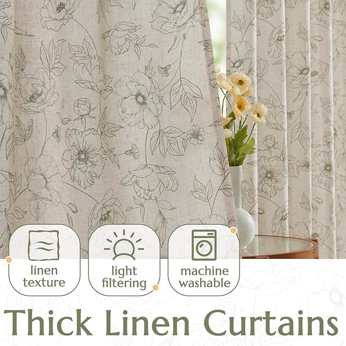 jinchan Floral Linen Curtains for Living Room 84 Inch Length Green Flower - Image 3