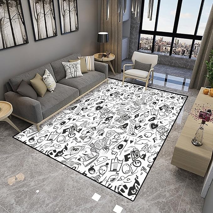 Carpet - Funny Ink Symbols Printing Patterns Non-Slip Area Rugs Fade Resistant - Image 4