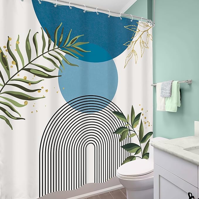 Blue Boho Modern Shower Curtain 72Wx72H Mid Century Abstract Gold Green Leaves - Image 4