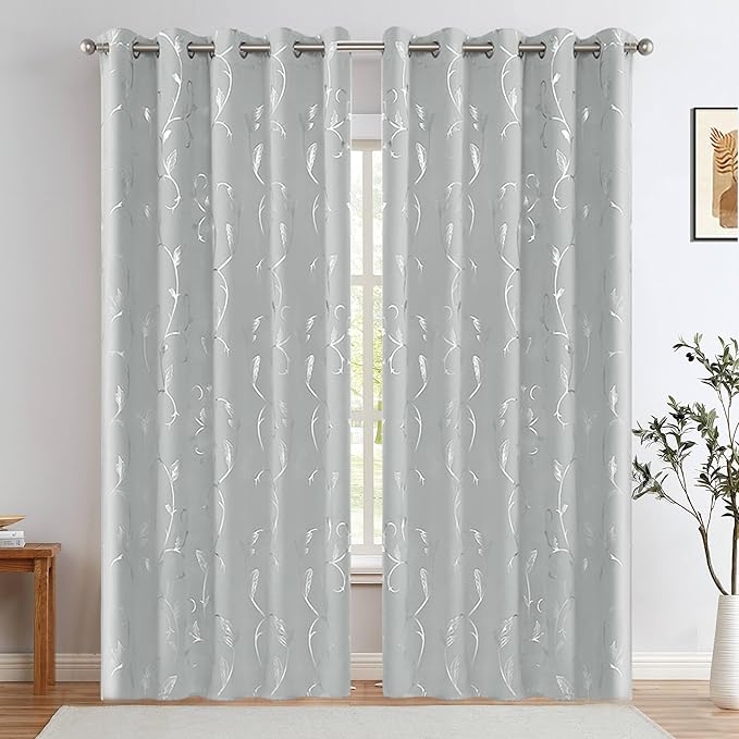 BUHUA Blackout Curtains Silver Foil Print Flower Vine Grommet Drapes, Room - Image 2