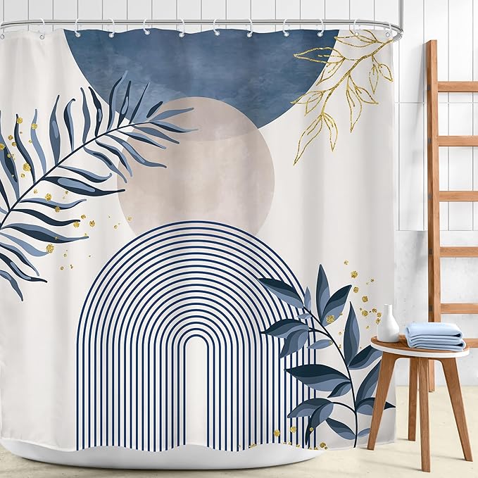 Blue Boho Shower Curtain 72Wx72H Modern Bohemian Abstract Leaves Plant - Image 2