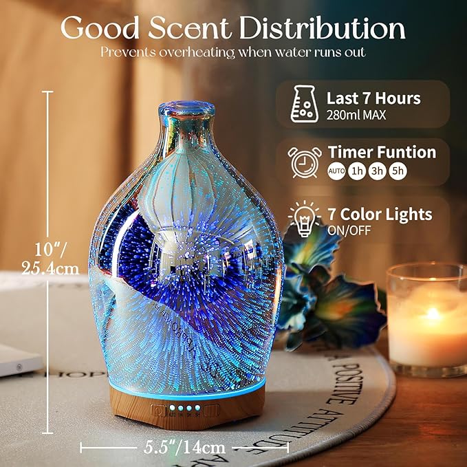 Porseme 280ml Essential Oil Diffuser 3D Glass Aromatherapy Ultrasonic Humidifier - Image 3
