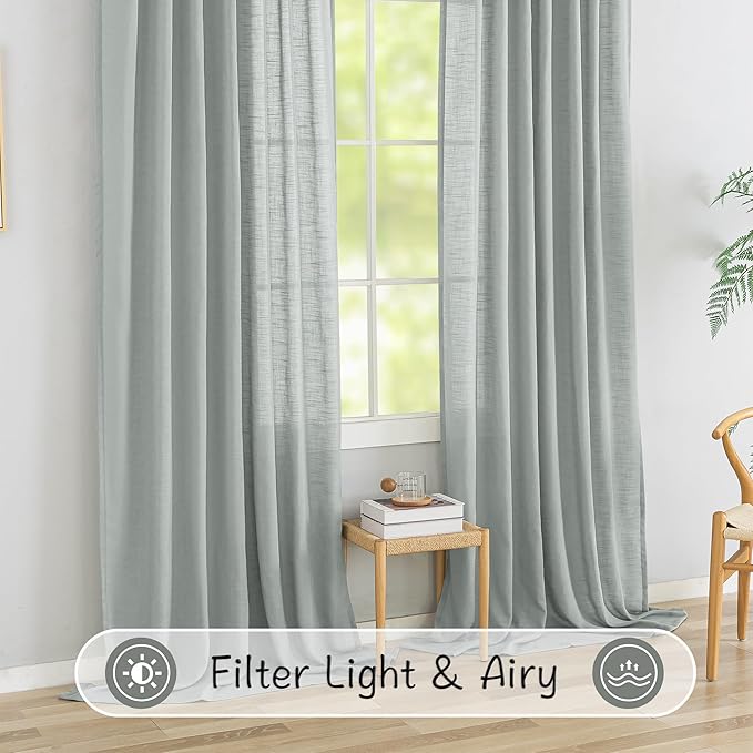 Back Tab Flax Linen Curtains 96 Inch Length 2 Panels Modern Farmhouse Curtains - Image 5