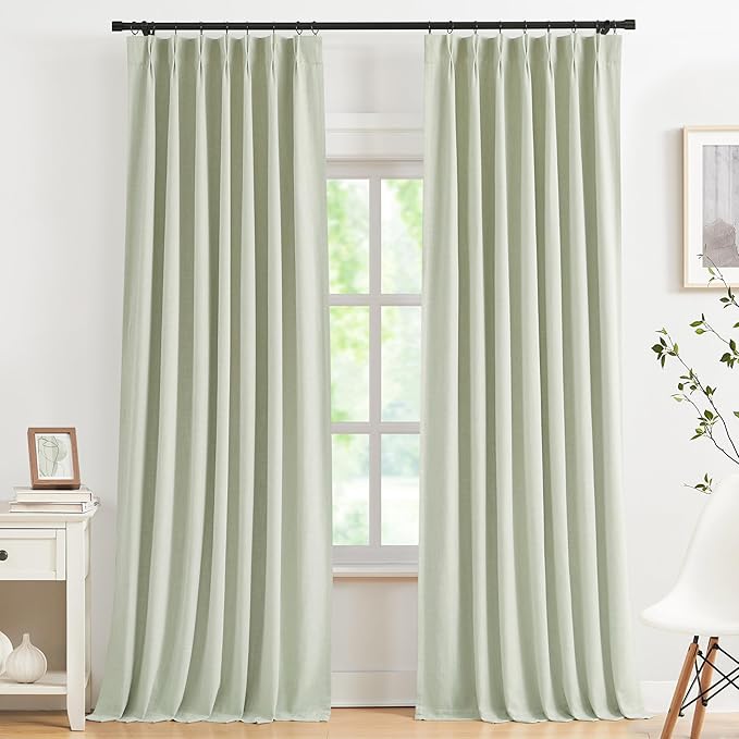Kayne Studio Soft Green Pinch Pleated Full Blackout Curtains 102", Linen Blend by KayneStudio