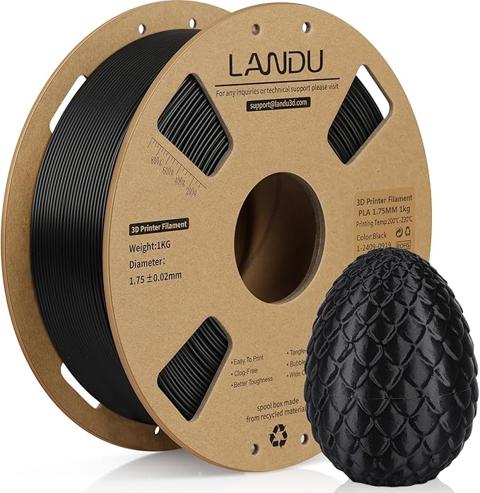 LANDU PLA Filament 1.75mm Black 1KG, 3D Printer Filament 1kg Cardboard Spool by LANDU