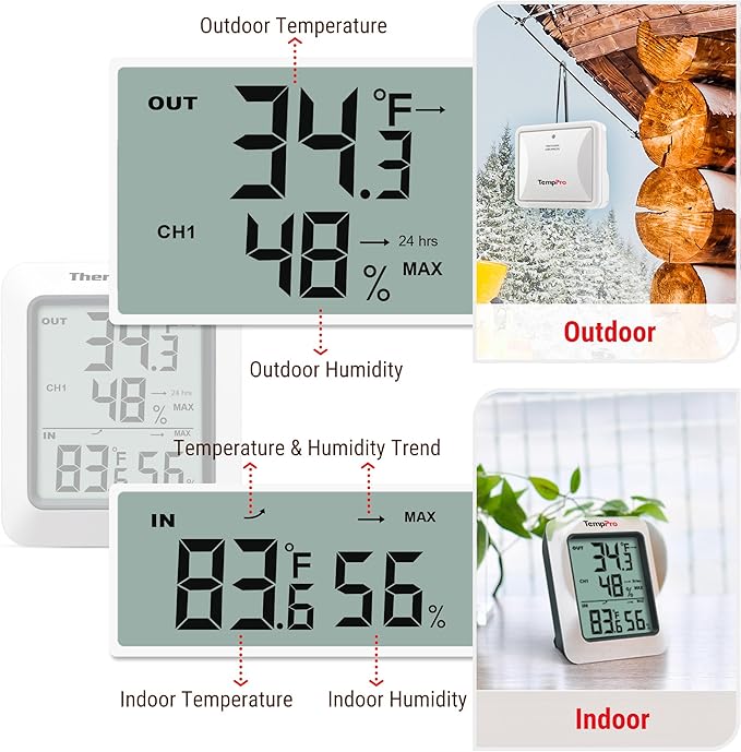 TempPro TP60-3 Digital Hygrometer Indoor Outdoor Thermometer Wireless - Image 8
