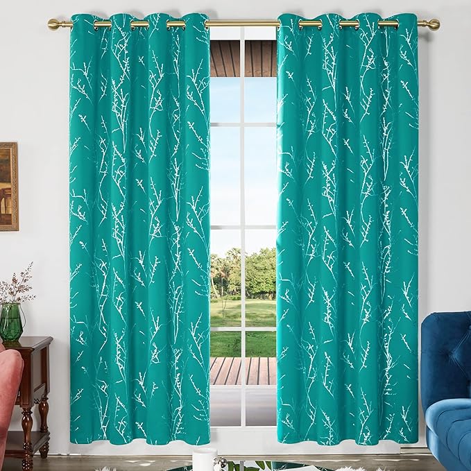 Deconovo Blackout Grommet Silver Pattern Printed Curtains, Turquoise/Silver - Image 2
