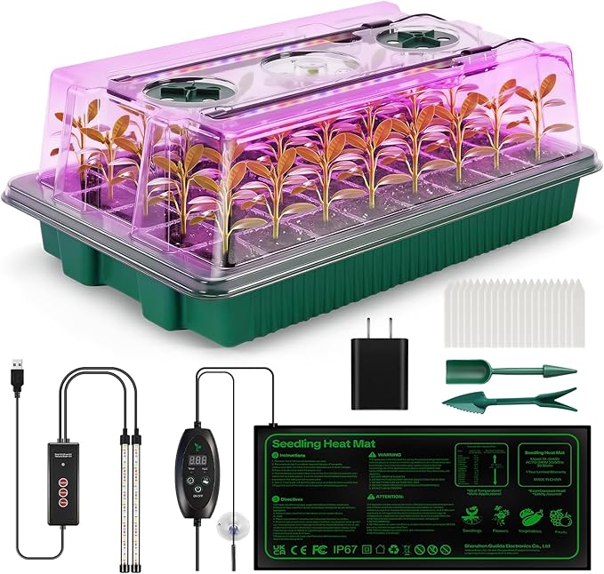 Seed Starter Tray with Grow Light & Heating Mat, 68℉-113℉ Adjustable, 40-Cell by Qmioti