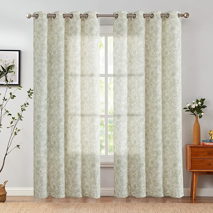 Vangao Green Floral Linen Curtains - Image 2
