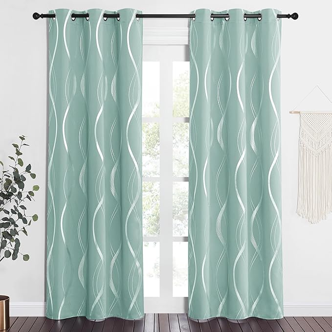 NICETOWN Aqua Blue Foil Print Curtains 90 inch Long - Image 3