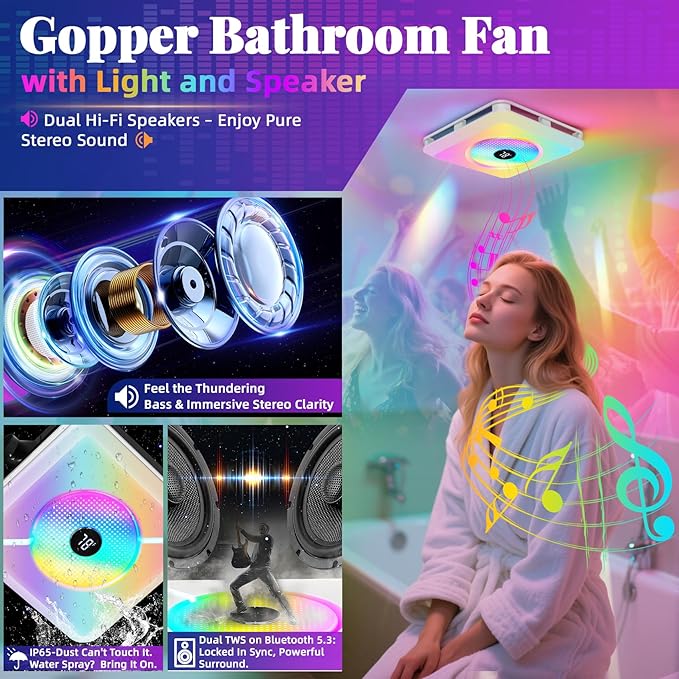 Bathroom Exhaust Fan with Speaker & Light Plug & Play, Dual Speakers, 230 CFM - Image 3