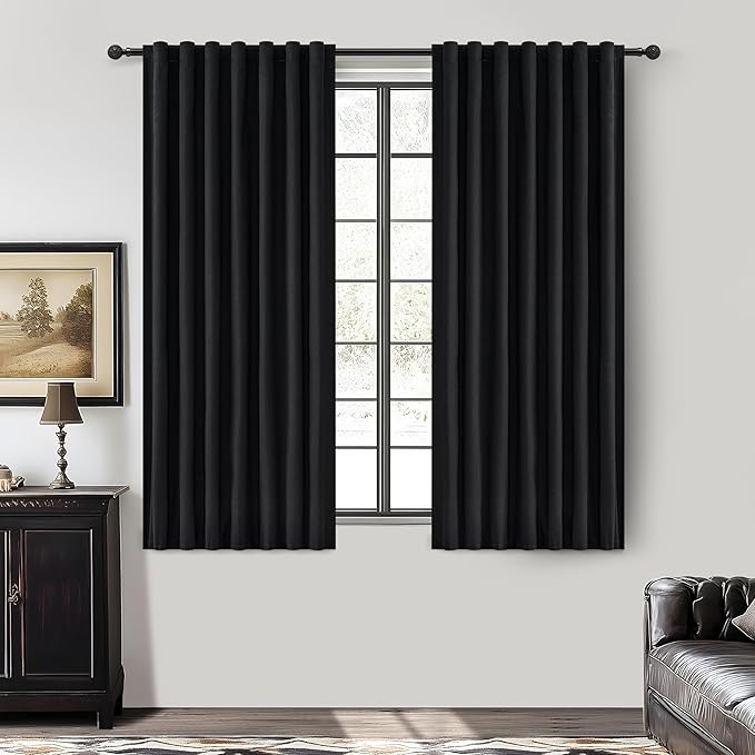 Black Out Kitchen Curtains 63 Inch Length 2 Panels Set, Modern Pleated Linen by QJMYDECO