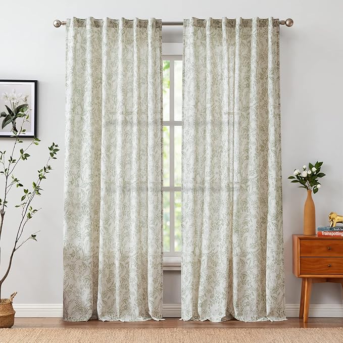 Vangao Green Floral Linen Curtains - Image 2