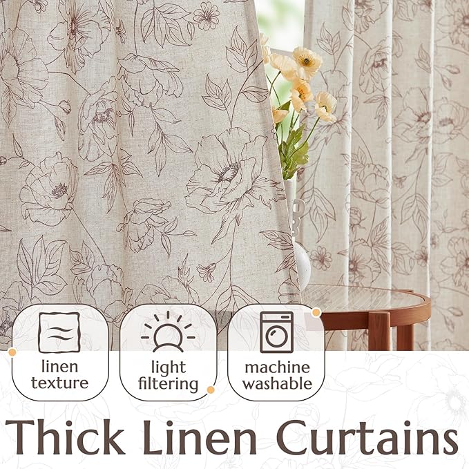 jinchan Floral Linen Curtains for Living Room 96 Inch Length Brown Flower - Image 3