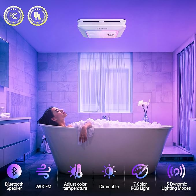 Bathroom Exhaust Fan with Bluetooth Speaker, 230 CFM 1.0 Sone Bathroom Exhaust - Image 3
