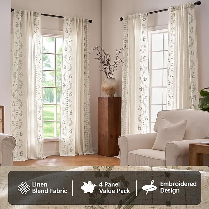 jinchan Belrose 4 Panel Curtains Set 90 Inch Length Floral Curtains Linen Blend - Image 2