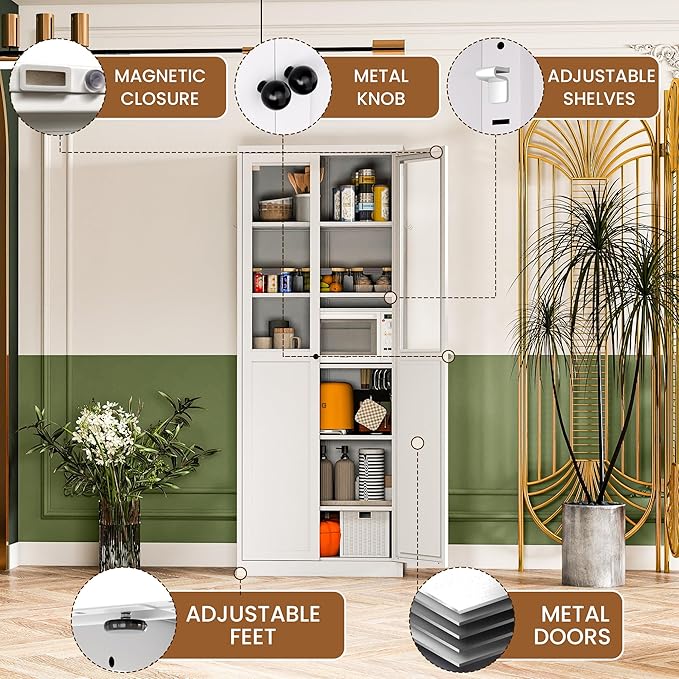 Metal Pantry Cabinet with Doors and 5 Adjustable Shelves, Assembly Required - Image 3