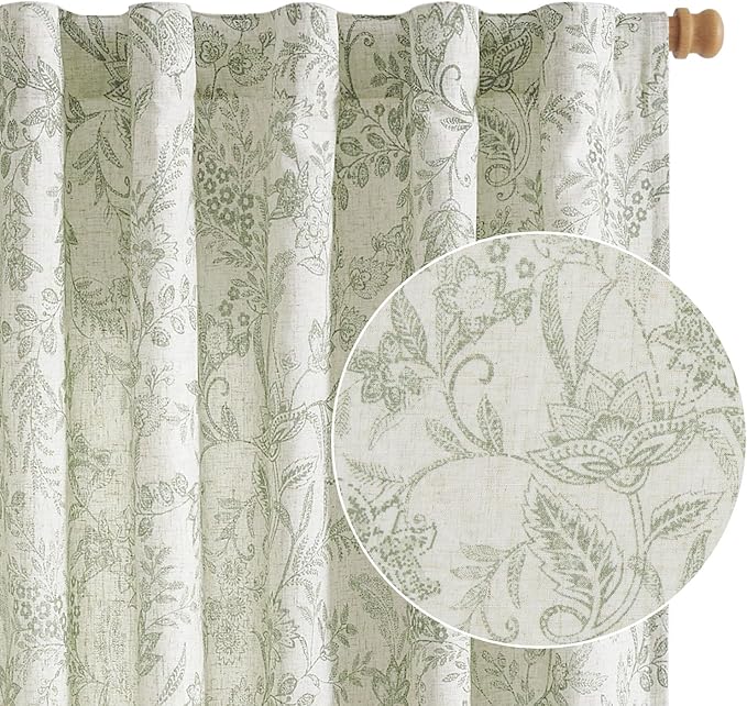 Vangao Lined Linen Curtains for Bedroom Floral Curtains 63 Inches Long Green by Vangao