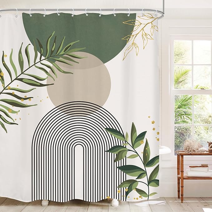 Boho Green Shower Curtain, Sage Bohemian Mid Century Modern 60Wx72H Bathroom - Image 2