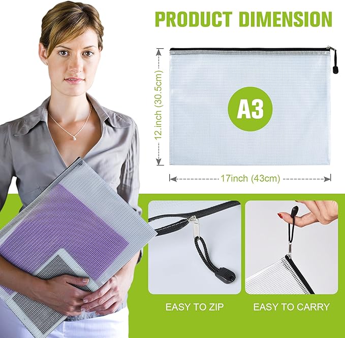 Mesh Zipper Pouch, A3 Size Tear-Resistant Document Pouch, Extra Large Zip File - Image 2