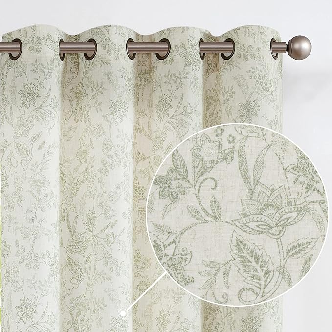 Vangao Green Floral Linen Curtains by Vangao