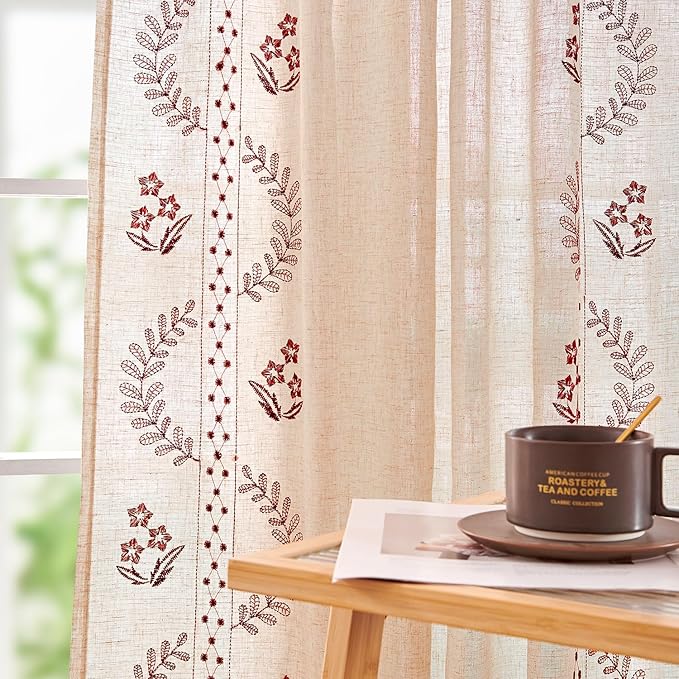 jinchan Belrose Linen Curtains for Bedroom Floral Curtains 96 Inch Length Linen by JINCHAN