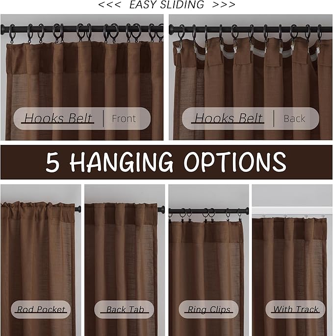 Deep Brown Linen Back Tab Curtains 102 Inches Long 2 Panels Set - Image 3
