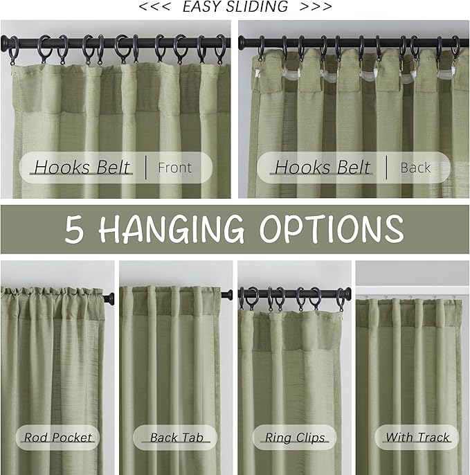 DONREN Sage Green Linen Back Tab Curtains 108 Inches Long Ceiling to Floor - Image 3