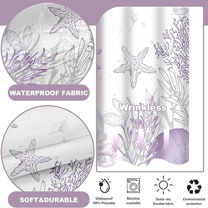 No Hook Shower Curtain with Snap in Liner, Beach Ocean Nautical Coastal Shower - Image 3