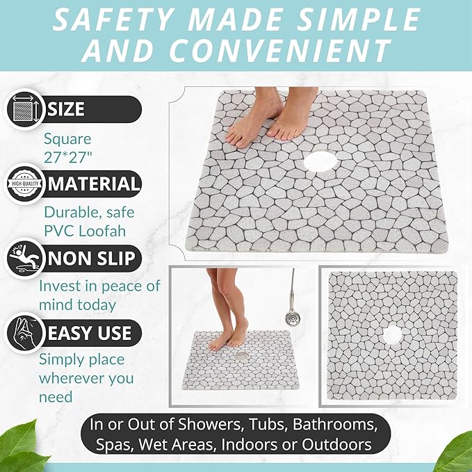Enkosi Loofah Shower Mat with Drain Hole – Cushioned Anti-Slip Square Bath Mat - Image 3