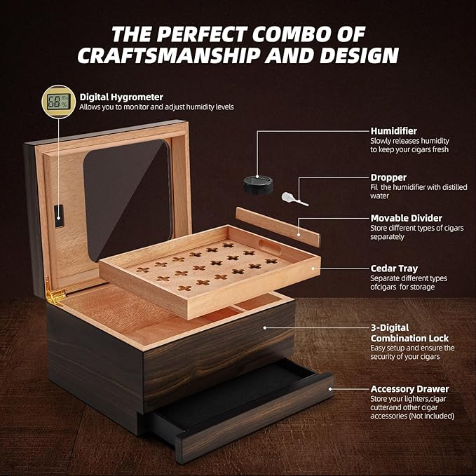 Cigar Humidor, Modern Glass Top Cedar Humidor Cigar Box - Image 7