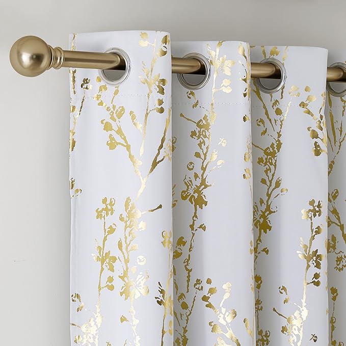 NICETOWN 100% Blackout White Curtains 63 inch Long, Grommet Branch Pattern Gold - Image 2