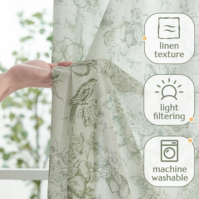 jinchan Linen Floral Curtains for Living Room 84 Inch Long Sage Green Printed - Image 3