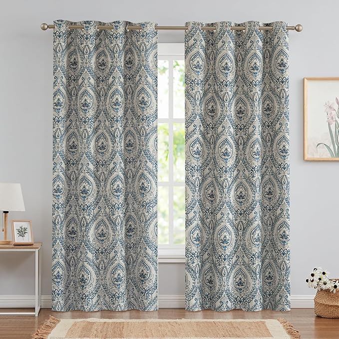 Vangao Vintage Damask Blue Curtains 84 Inch Long Blackout Curtains Linen - Image 2