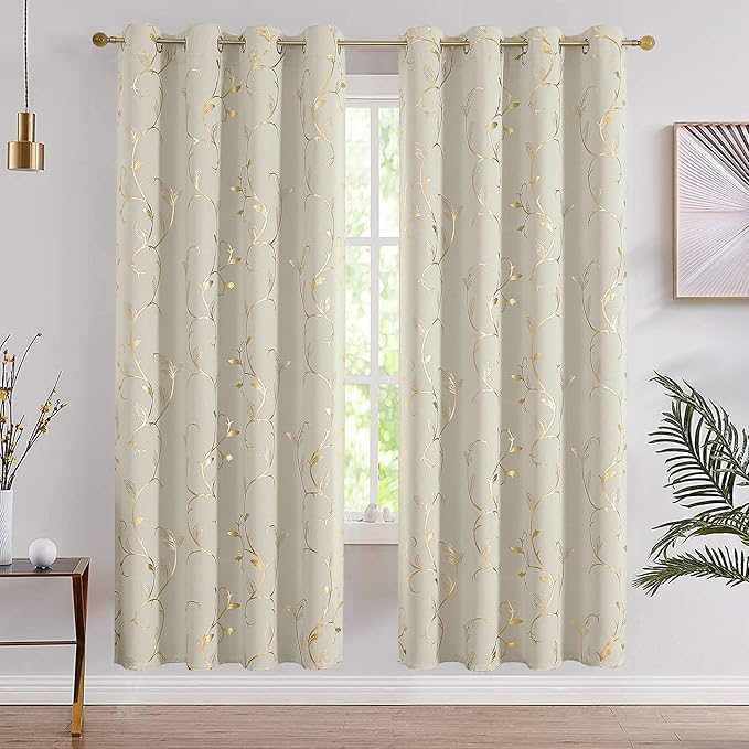 BUHUA Blackout Curtains Gold Foil Print Flower Vine Grommet Drapes, Room - Image 2