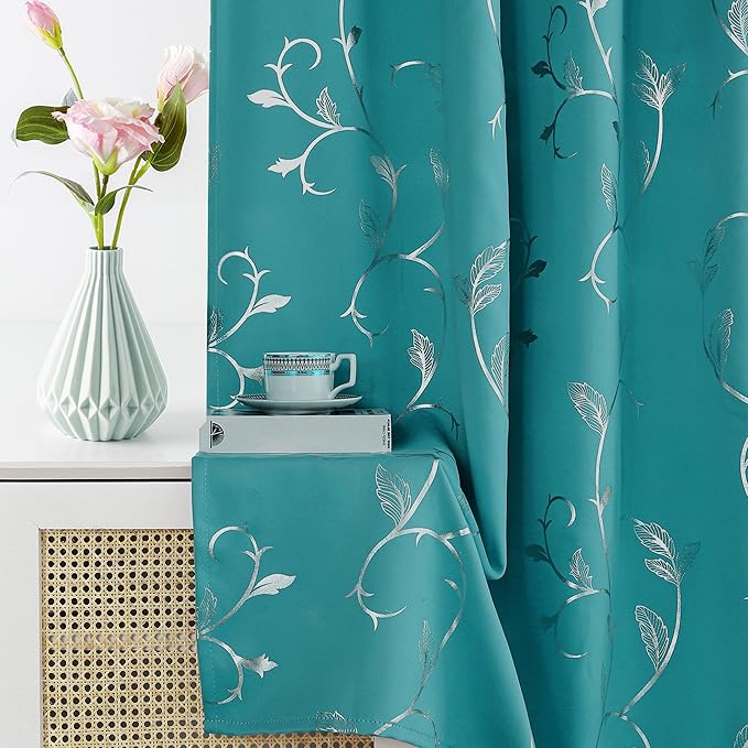 BUHUA Blackout Curtain 2 Panel Set Silver Vine Foil Print Thermal Insulated - Image 4