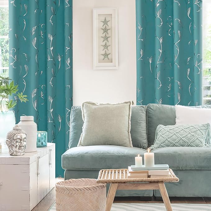BUHUA Blackout Curtain 2 Panel Set Silver Vine Foil Print Thermal Insulated - Image 3